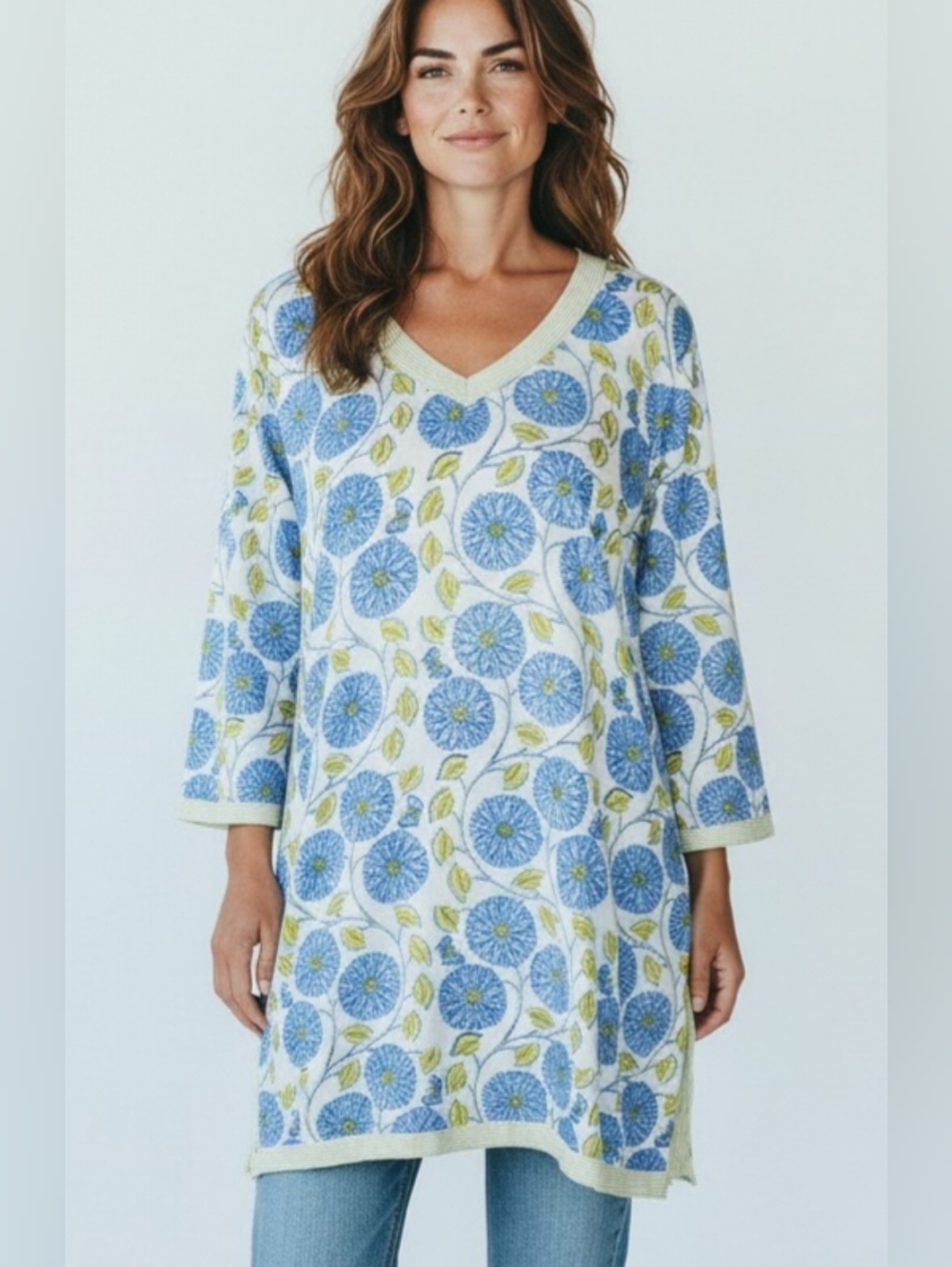Gretchen Scott Designs V-Neck Tunic in Blue, Green and White